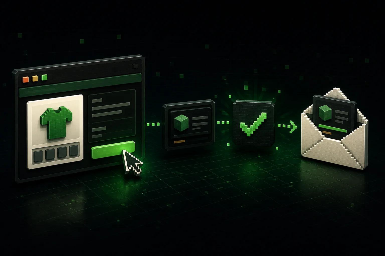 Illustrated online withdrawal process from store button to email confirmation