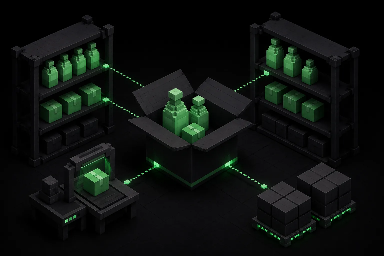 Schwarz-grünes Voxel-Lager mit offenem Paket, zwei Flaschen und einer kleinen Verpackung