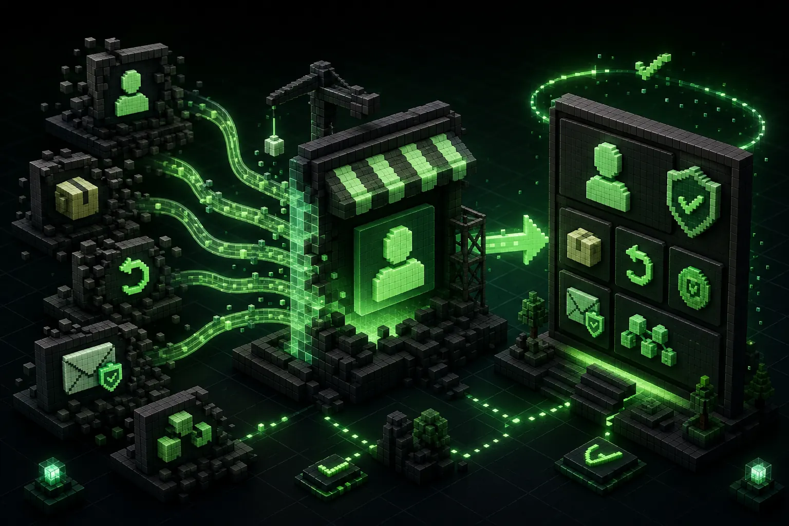 Voxel storefront account portal with customer, order, return, loyalty, and sign-in modules moving into a modern green interface