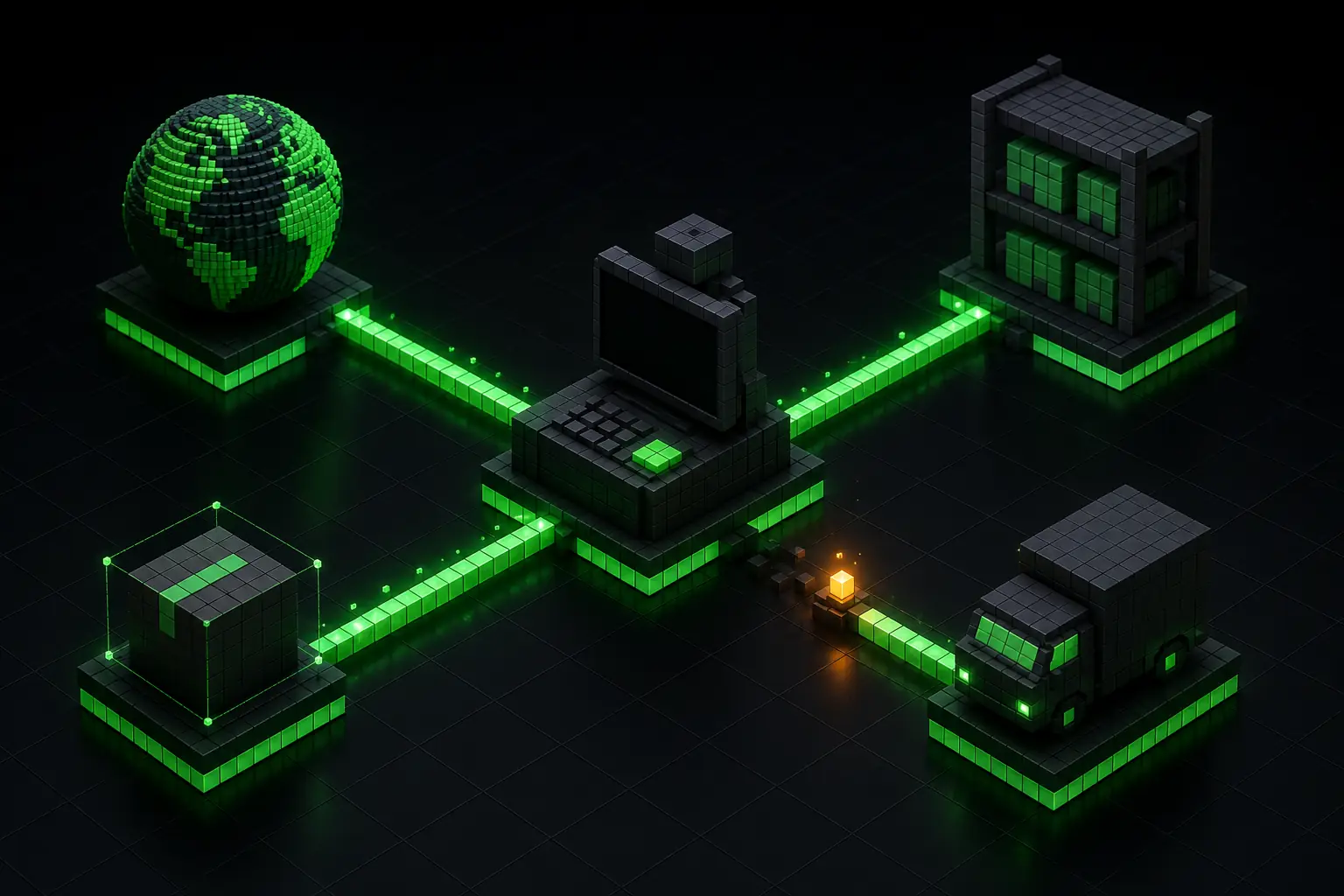 Dark voxel checkout connected to green market, warehouse, parcel, and carrier-rate modules with one interrupted route