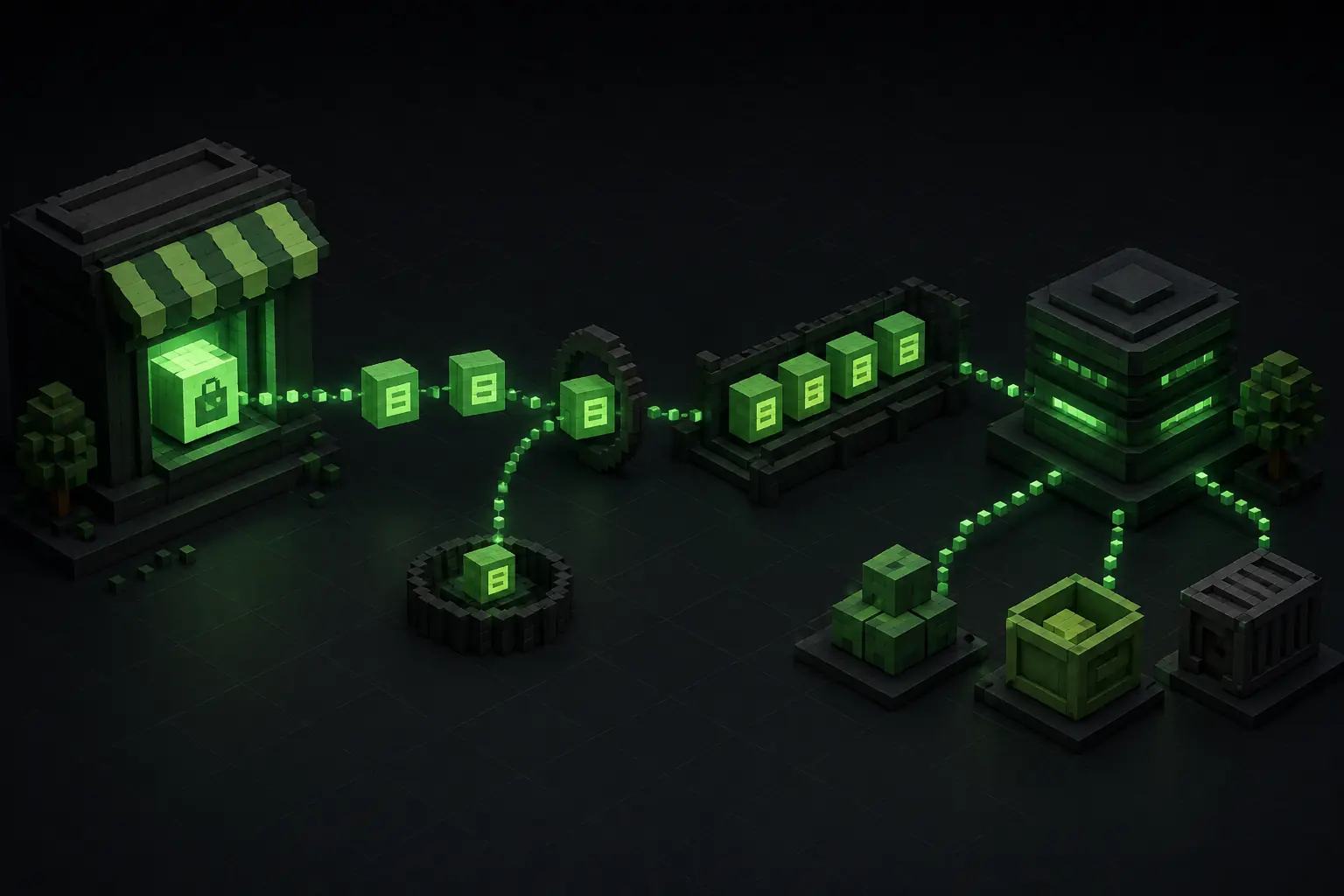 Dark green voxel commerce pipeline sending Shopify order events through a queue, duplicate gate, database, and fulfillment nodes
