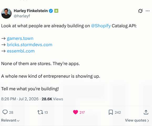 Beitrag von Harley Finkelstein mit bricks.stormdevs.com als Shopify Catalog API Projekt