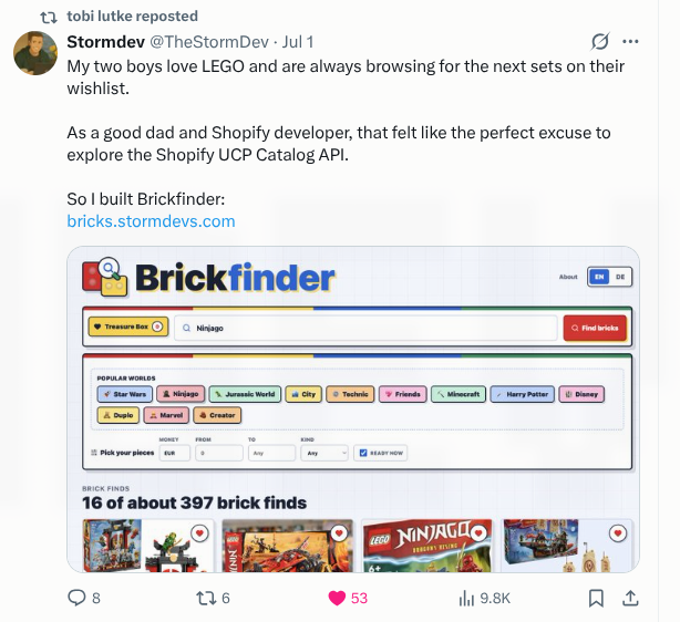 Tobi Lütkes Repost der Brickfinder Launch-Ankündigung