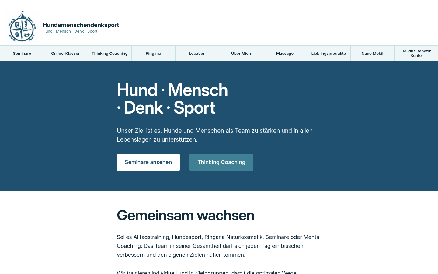 Hundemenschendenksport Startseite mit der vierteiligen Markenpositionierung